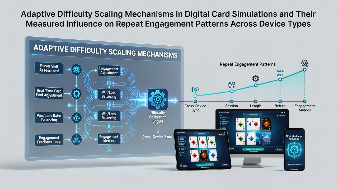 Digital card simulation interface showing adaptive opponent difficulty indicators on multiple device screens