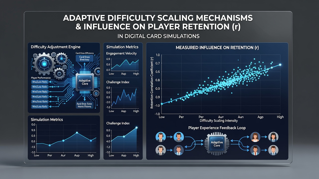Analytics dashboard displaying engagement metrics and difficulty scaling adjustments across mobile tablet and desktop card game sessions