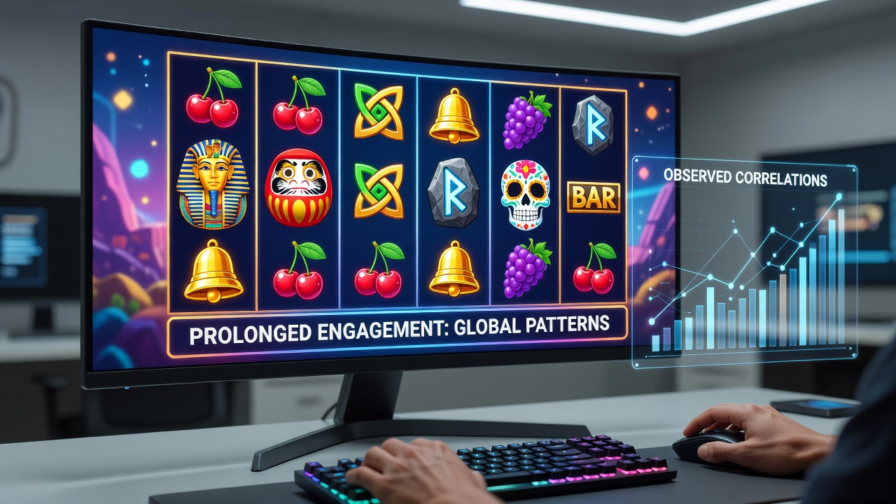 Digital fruit machine screen displaying cultural symbols including dragons, temples, and traditional patterns from East Asian iconography
