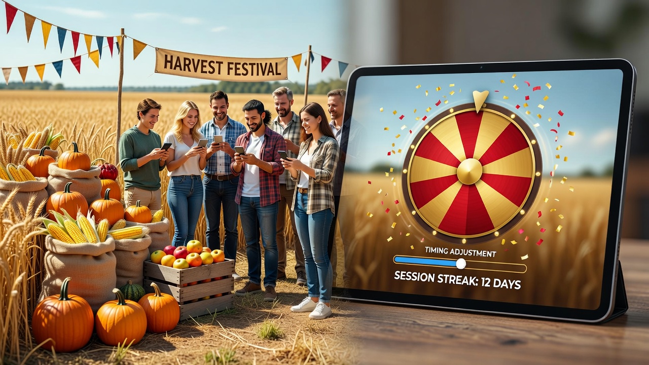 Mobile device displaying spinning game reels adorned with autumn harvest symbols including pumpkins and wheat during a festival-themed session