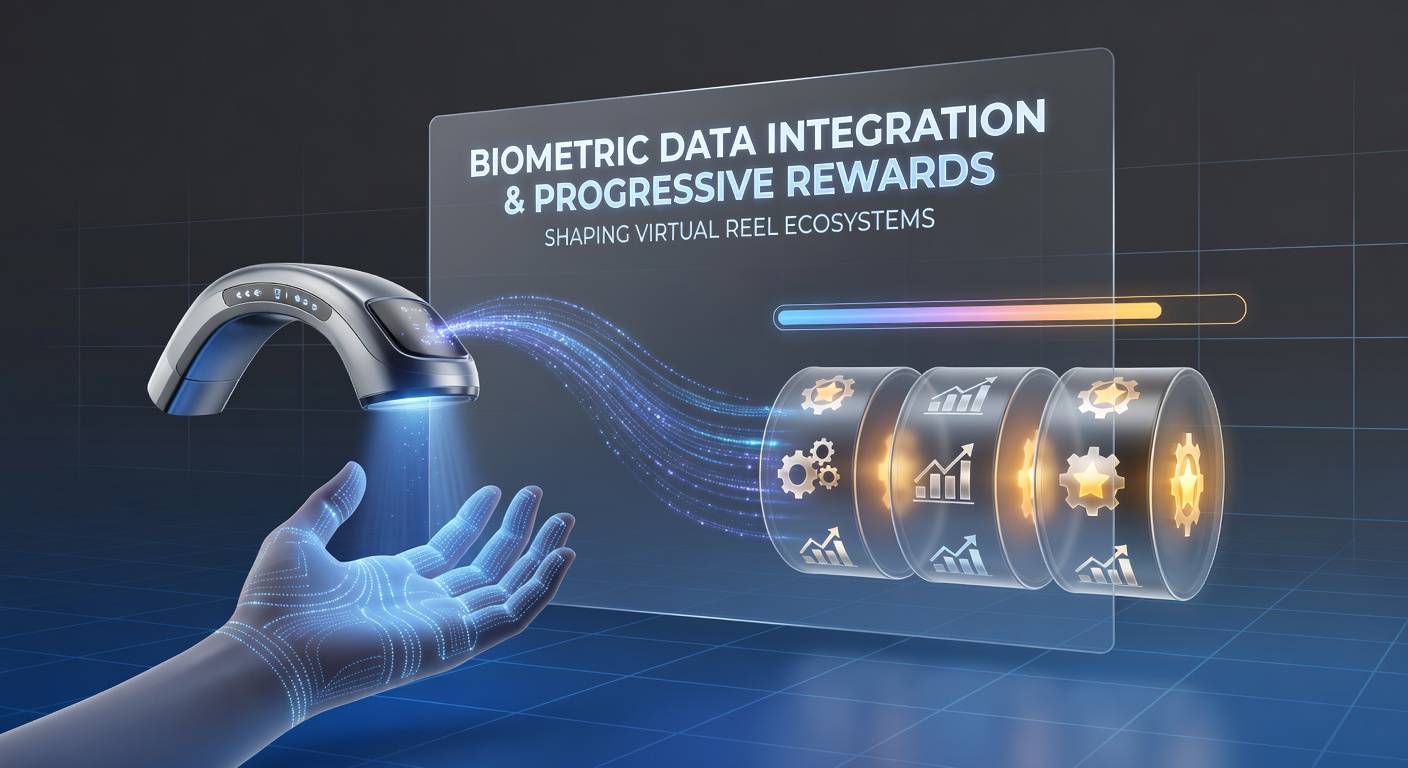 Biometric sensors integrated with virtual slot interfaces showing heart rate and facial recognition overlays during gameplay