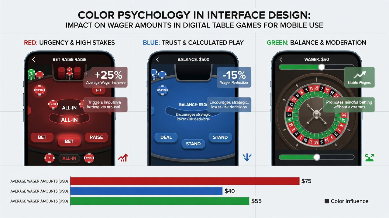 Close-up of a mobile poker table interface using blue and red color schemes to differentiate betting actions and pot sizes