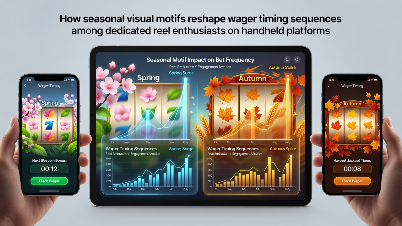 Mobile reel game interface displaying autumn-themed symbols and seasonal backgrounds on a handheld device