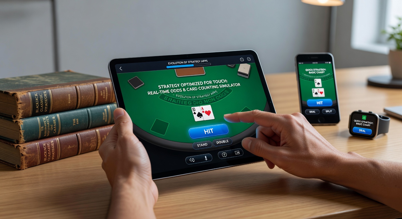 Close-up view of a player using touchscreen gestures on a tablet to simulate blackjack hands and review strategy options