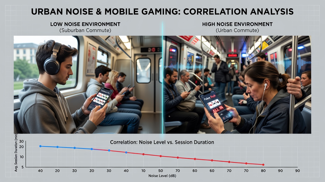 Close-up of hands holding a smartphone displaying a digital card game interface while surrounded by blurred urban commuters and noise indicators