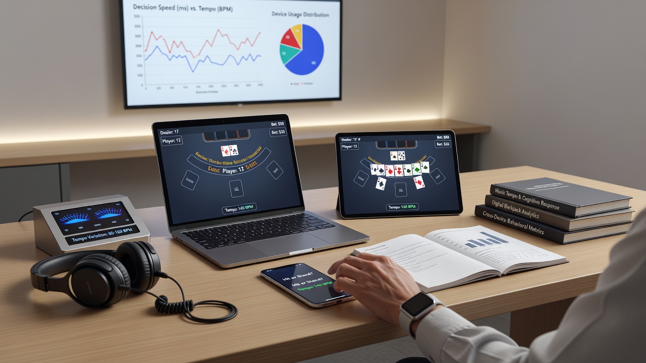 Digital blackjack interface displayed on multiple devices including smartphone, tablet, and desktop monitor with subtle audio waveform overlays
